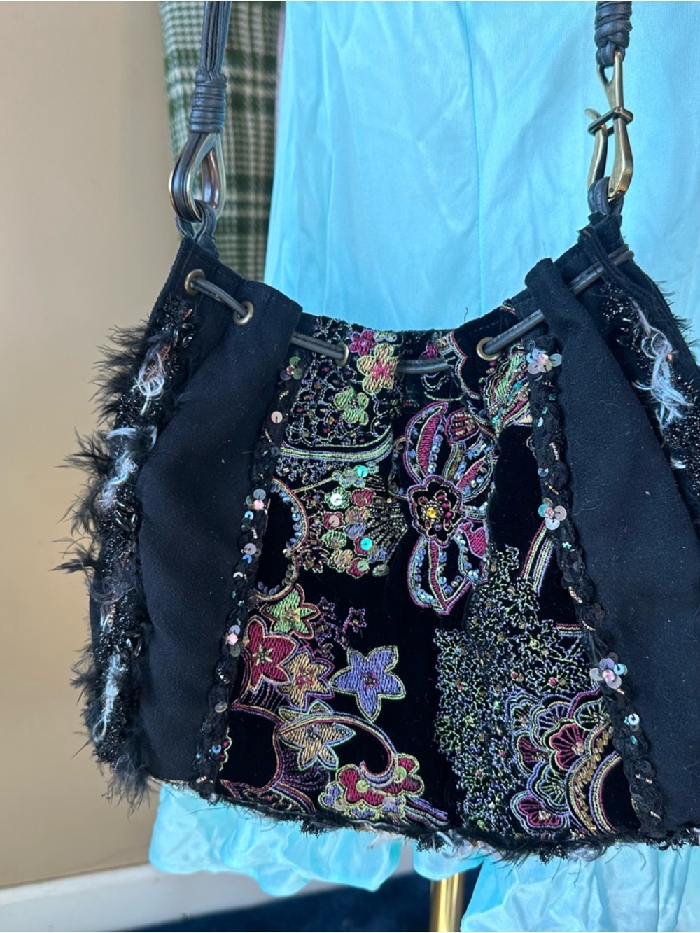 Mary Frances embroidered velvet shoulder bag